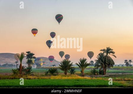 Décollez des montgolfières au lever du soleil près de la Vallée des Rois à Louxor West Bank, en Égypte Banque D'Images