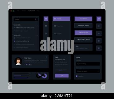 Dark Collection d'éléments ux de l'interface utilisateur violet dégradé. Modèle de panneau utilisateur du tableau de bord UX. Interface utilisateur, expérience. Illustration de Vecteur