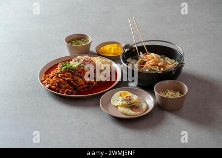 Pieds de poulet sautés, soupe de calmars, jjjamppong, tofu de porc épicé kimchi sauté boule de riz cartilage sautés plat coréen Banque D'Images