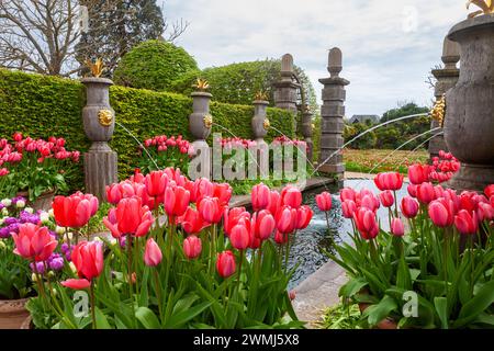 Les fontaines élégantes et l'eau sont connues sous le nom de fontaine Arun dans le jardin d'Earl Colllector, Arundel Castle Gardens, West Sussex, Angleterre, Royaume-Uni Banque D'Images