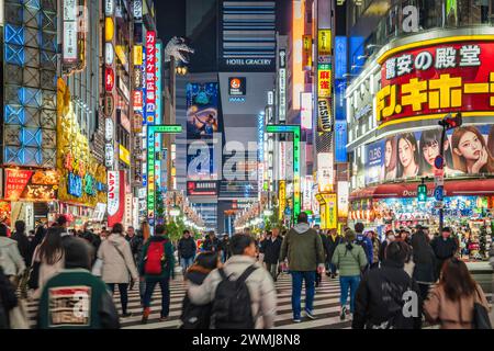 Tokyo, Japon - 19 décembre 2023 : célèbre route de Godzilla la nuit à Kabukicho, le quartier de la vie nocturne et des divertissements de Shinjuku à Tokyo, Japon. Banque D'Images