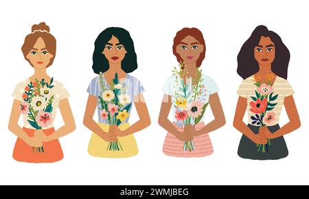 Ensemble de printemps avec des filles avec des bouquets dans les mains. Femmes de différentes nationalités tenant des fleurs. Éléments de dessin animé à plat dessinés à la main. Illustration vectorielle Illustration de Vecteur