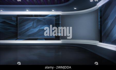 Émission de télévision, fond de studio virtuel. Idéal également pour la diffusion en ligne, le streaming en direct ou les événements. Toile de fond de rendu 3D moderne adaptée au suivi VR SY Banque D'Images