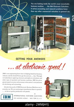 1951 IBM Electronic Business machines Print ad 'Obtenez vos réponses à la vitesse électronique!' Calculatrice électronique IBM. Banque D'Images