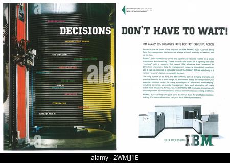 1956 IBM Ramac 305 annonce imprimée sur ordinateur. « Les décisions ne doivent pas attendre ! » Banque D'Images