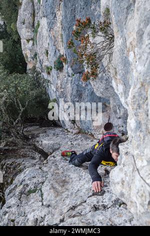 Ascension du col de sa Pella, Puig de Talaia Vella, Valldemossa, Majorque, Iles Baléares, Espagne Banque D'Images