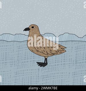 Skua Bird est sur la neige. Illustration enfantine dessinée par vecteur à la main sur le fond bleu. Animal polaire en Antarctique avec des textures Illustration de Vecteur