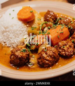 Assiette de boulettes de viande avec riz et carottes en sauce Banque D'Images