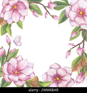 Cadre rose magnolia, place pour le texte. Fleur de branche, bourgeons, feuilles, papillon blanc. Clipart floral en fleurs. Illustration d'aquarelle dessinée à la main Banque D'Images