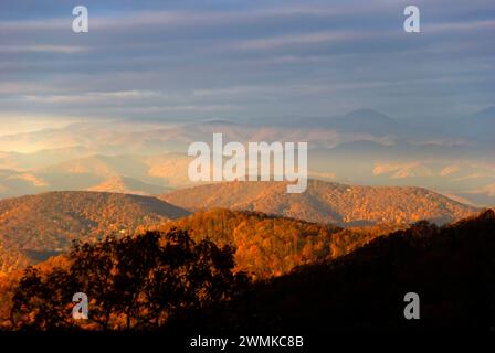 Tôt le matin, la lumière du soleil illumine les couleurs d'automne sur les Blue Ridge Mountains avec un ciel brumeux et nuageux ; Caroline du Nord, États-Unis d'Amérique Banque D'Images