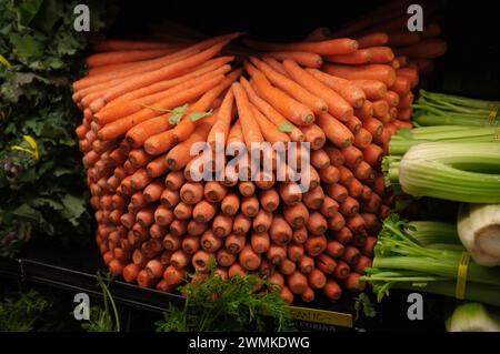 Vue rapprochée de carottes et autres légumes soigneusement empilés dans une belle exposition de produits ; Asheville, Caroline du Nord, États-Unis d'Amérique Banque D'Images