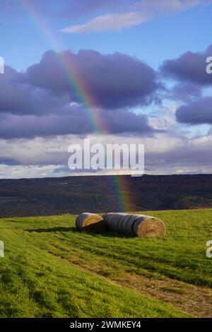 Arc-en-ciel sur une étendue de terres agricoles avec des balles de foin ensoleillées au premier plan Banque D'Images