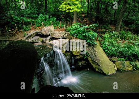 De l'eau éclaboussent sur une petite cascade dans le côté nord d'une forêt de Central Park connue sous le nom de Loch qui est un ravin offrant un... Banque D'Images