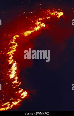 Les flammes bondissent haut alors qu'un feu de forêt causé par la foudre se propage dans la nuit le long d'une ligne de crête. La dévastation par les incendies de terres sauvages coûte des millions de dollars ... Banque D'Images