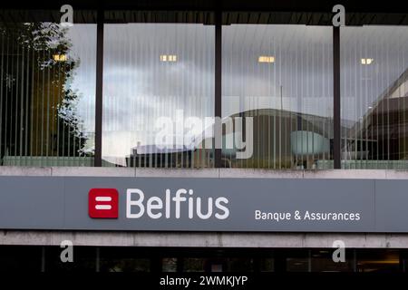 Photo d'une enseigne avec le logo de Belfius logo sur leur siège à Liège en Belgique. Belfius Bank and Insurance, connue sous le nom de Dexia Bank Belgium unt Banque D'Images