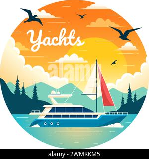 Yachts illustration vectorielle avec Ferries Cargo Boats et Ship voilier du transport par eau à la plage dans Sunset Flat Cartoon fond Illustration de Vecteur