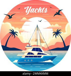 Yachts illustration vectorielle avec Ferries Cargo Boats et Ship voilier du transport par eau à la plage dans Sunset Flat Cartoon fond Illustration de Vecteur