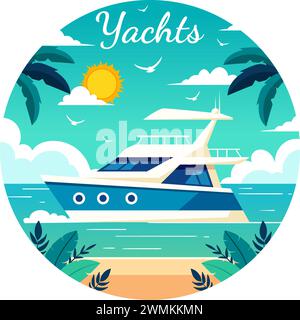 Yachts illustration vectorielle avec Ferries Cargo Boats et Ship voilier du transport par eau à la plage dans Sunset Flat Cartoon fond Illustration de Vecteur