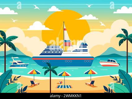 Yachts illustration vectorielle avec Ferries Cargo Boats et Ship voilier du transport par eau à la plage dans Sunset Flat Cartoon fond Illustration de Vecteur