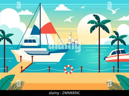 Yachts illustration vectorielle avec Ferries Cargo Boats et Ship voilier du transport par eau à la plage dans Sunset Flat Cartoon fond Illustration de Vecteur