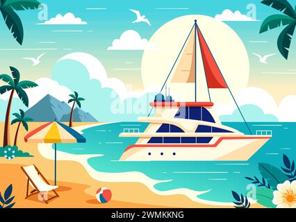 Yachts illustration vectorielle avec Ferries Cargo Boats et Ship voilier du transport par eau à la plage dans Sunset Flat Cartoon fond Illustration de Vecteur