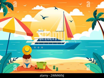 Yachts illustration vectorielle avec Ferries Cargo Boats et Ship voilier du transport par eau à la plage dans Sunset Flat Cartoon fond Illustration de Vecteur