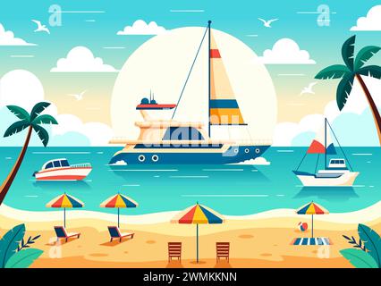 Yachts illustration vectorielle avec Ferries Cargo Boats et Ship voilier du transport par eau à la plage dans Sunset Flat Cartoon fond Illustration de Vecteur