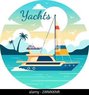 Yachts illustration vectorielle avec Ferries Cargo Boats et Ship voilier du transport par eau à la plage dans Sunset Flat Cartoon fond Illustration de Vecteur
