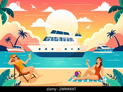 Yachts illustration vectorielle avec Ferries Cargo Boats et Ship voilier du transport par eau à la plage dans Sunset Flat Cartoon fond Illustration de Vecteur