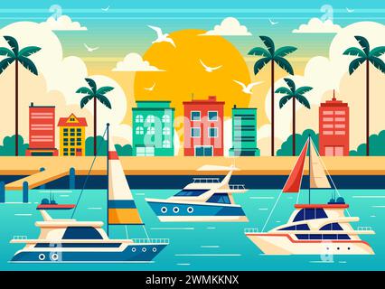 Yachts illustration vectorielle avec Ferries Cargo Boats et Ship voilier du transport par eau à la plage dans Sunset Flat Cartoon fond Illustration de Vecteur