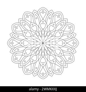 Page de livre de coloriage tourbillonnant lumineux Bliss Mandala pour l'intérieur du livre kdp. Pétales paisibles, capacité à se détendre, expériences cérébrales, Harmonious Haven, PEAC Illustration de Vecteur