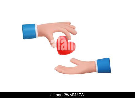La main de dessin animé 3D donne le cœur rouge à un autre. Concept de médias sociaux. rendu 3d. Illustration vectorielle Illustration de Vecteur