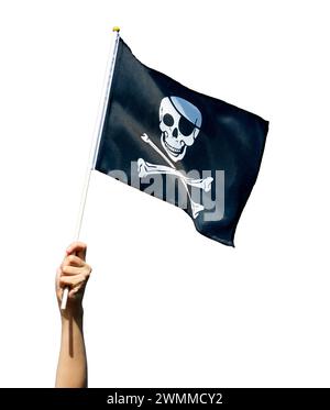 Drapeau de crâne dans la main ondulant sur fond blanc Banque D'Images