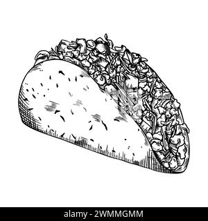 Croquis dessiné à la main de Taco , illustration de nourriture mexicaine fond blanc Banque D'Images