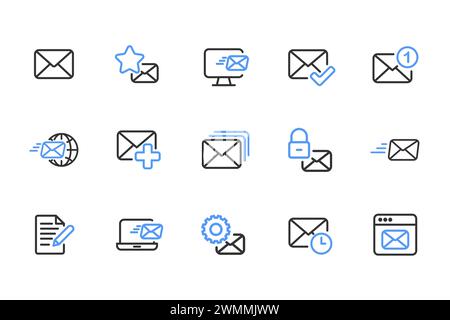 Icône de contour d'envoi définie en noir et bleu. Contenant des icônes de courrier, e-mail, boîte aux lettres, lettre. Collection d'icônes de contour. Illustration vectorielle. Illustration de Vecteur