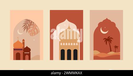 Collection de cartes de voeux Ramadan Kareem de style moderne avec design rétro boho, lune, dôme de mosquée et lanternes Illustration de Vecteur