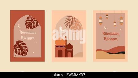 Collection de cartes de voeux Ramadan Kareem de style moderne avec design rétro boho, lune, dôme de mosquée et lanternes Illustration de Vecteur