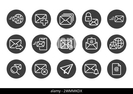 Icône de publipostage fixe en noir et blanc. Contenant le courrier, l'email, la boîte aux lettres, la lettre, les icônes de bureau de poste. Collection d'icônes de contour. Illustration vectorielle. Illustration de Vecteur