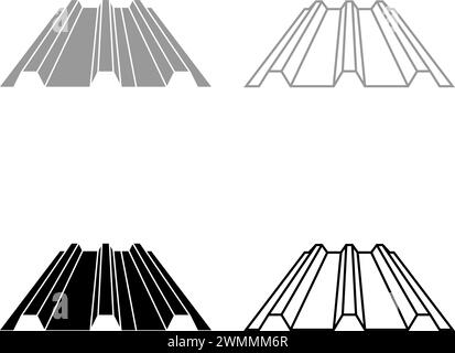 Feuilles de profil en acier de toit en métal de toit concept de toiture nervuré panneau métallique ondulé tuile de parement ensemble icône illustration vectorielle de couleur noire grise Illustration de Vecteur