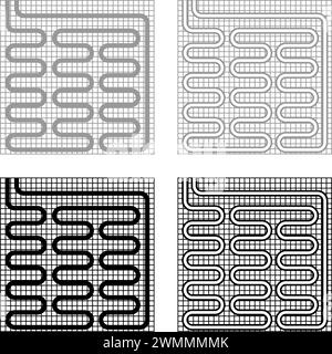 Chauffage par le sol électrique chauffé chaud Set icône gris noir couleur illustration vectorielle image simple remplissage solide contour ligne de contour mince style plat Illustration de Vecteur