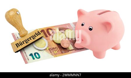 12,41 Euro salaire minimum allemand et Piggy Bank avec timbre et régime allemand de revenu de base Buergeld Banque D'Images