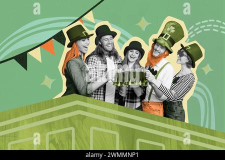 Collage d'images d'amis joyeux et joyeux célébrer ensemble la fête hème saint patricks jour acclamer isolé sur fond peint Banque D'Images