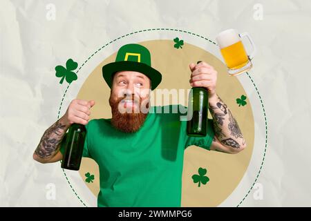 Collage photo bannière de sourire joyeux homme barbu irlandais tenir deux bouteilles de bière fraîche célébrer le festival de vacances de saint patrick Banque D'Images