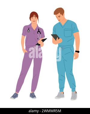 Jeune couple de médecins, infirmières en gommage médical. Illustration de Vecteur