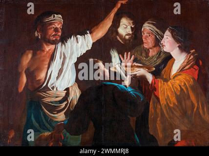 Matthias STOM, Salomé reçoit la tête de Jean Baptiste, peinture à l'huile sur toile, 1630-1632 Banque D'Images