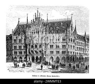 Le nouvel hôtel de ville (Neues Rathaus) de Munich, chef-d'œuvre de l'architecture néo-gothique, a été conçu par l'architecte Georg von Hauberisser. Avant l'extension de 1898, le bâtiment témoignait déjà de l'ambition et de la grandeur architecturale de Munich. Achevé dans sa phase initiale en 1874, le nouvel hôtel de ville était un point central de la fierté civique, présentant des façades complexes ornées de statues, de gargouilles et de flèches qui atteignent le ciel, incarnant la riche histoire et l'identité culturelle de la ville. Banque D'Images