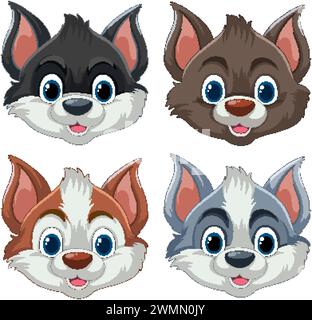 Quatre mignons visages animés de chiens avec différentes expressions. Illustration de Vecteur