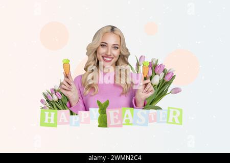 Créatif 3D photo art collage de belle fille joyeuse tenir carotte biscuits en pain d'épices tulipes printemps lapin topiaire de pâques isolé sur coloré Banque D'Images