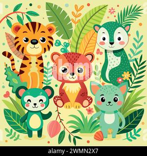 petits animaux de la jungle bébé mignons et amusants minimalistes dans le style d'une invitation pour enfants Illustration de Vecteur