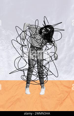 Image de collage vertical de couleurs blanches noires zombie lavé par le cerveau fille peinte désordre isolé sur fond de papier Banque D'Images